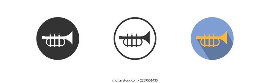 Trumpet icon with long shadow on light background. Wind instrument. Musical equipment concept. Music, sound, melody symbol. Orchestra sign. Flat design. Vector illustration.