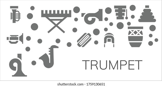 trumpet icon set. 11 filled trumpet icons. Included Tuba, Electric piano, Jazz, Harmonica, French horn, Coif, Saxophone, Xylophone, Conga, Toy icons