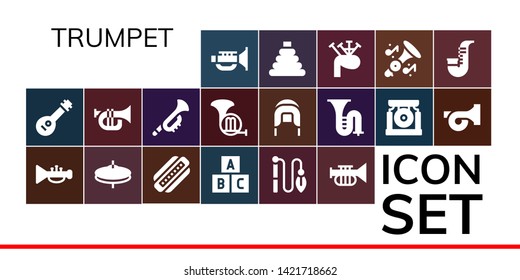 trumpet icon set. 19 filled trumpet icons.  Collection Of - Jazz, Mandolin, Trumpet, Cymbals, Harmonica, Toy, French horn, Coif, Trombone, Gong, Bagpipes, Saxophone