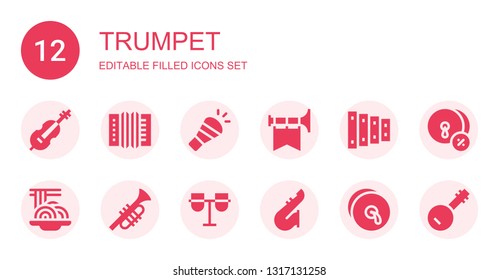 trumpet icon set. Collection of 12 filled trumpet icons included Cello, Accordion, Horn, Trumpet, Xylophone, Padthai, Conga, Saxophone, Cymbals, Banjo