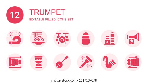 trumpet icon set. Collection of 12 filled trumpet icons included Horn, Padthai, Drum set, Toy, Xylophone, Timpani, Banjo, Saxophone, Vuvuzela