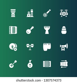 trumpet icon set. Collection of 16 filled trumpet icons included Xylophone, Accordion, Lute, Banjo, Vuvuzela, Conga, Cymbals, Toy, Kettledrum, Drum set, Timpani