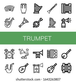 trumpet icon set. Collection of Accordion, Saxophone, Conga, Trumpet, Harp, Banjo, Clarinet, Horn, Drum set, Gramophone, Lute, Double bass, Concertina icons
