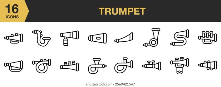 Trumpet icon set. Includes Trumpet, New Year, Holliday, Party, Festive, Year, Decoration, and More. Outline icons vector collection.