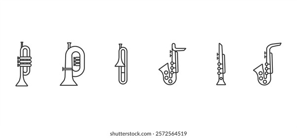 Trumpet icon set. Trumpet line icon design, Inflatable musical instrument art vector icons. Vector icons of various kinds of trumpets with transparent background. Editable stroke. Eps10