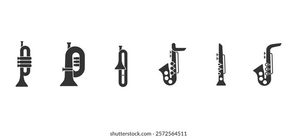 Trumpet icon set. Trumpet silhouette style icon design, Inflatable musical instrument art vector icons. Vector icons of various kinds of trumpets with transparent background. Eps10