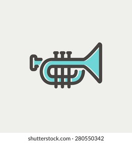 Trumpet icon thin line for web and mobile, modern minimalistic flat design. Vector icon with dark grey outline and offset colour on light grey background.