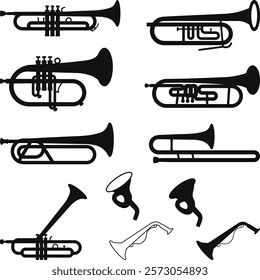 Trumpet Icons Set, Brass instruments icon set. trombone, tuba, bugle, French horn silhouette sign symbl vector illustration