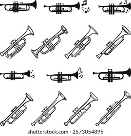 Trumpet Icons Set, Brass instruments icon set. trombone, tuba, bugle, French horn silhouette sign symbl vector illustration