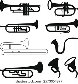 Trumpet Icons Set, Brass instruments icon set. trombone, tuba, bugle, French horn silhouette sign symbl vector illustration