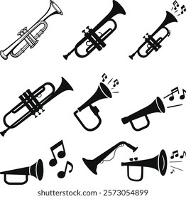 Trumpet Icons Set, Brass instruments icon set. trombone, tuba, bugle, French horn silhouette sign symbl vector illustration