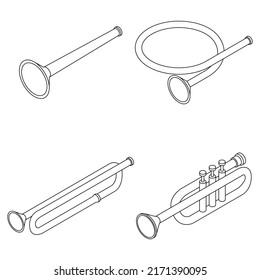 Juego de iconos de trompeta. Conjunto isométrico de iconos vectoriales de trompeta contorno aislado en fondo blanco