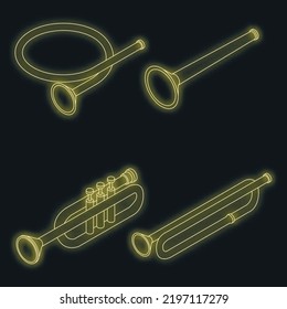 Trumpet icons set. Isometric set of trumpet vector icons neon color on black