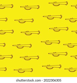 trumpet illustration isolated on yellow background. seamless pattern, hand drawn vector. wind instrument. jazz icon. doodle art for wallpaper, wrapping paper, backdrop, fashion, fabric, textile, cover