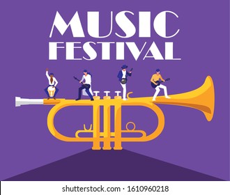 Trumpet instrument and musicians design, Music festival sound melody song musical art and composition theme Vector illustration