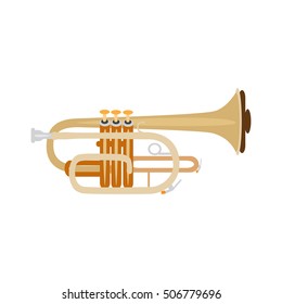 Trumpet isolated on white background, vector illustration. Wind brass musical instrument.