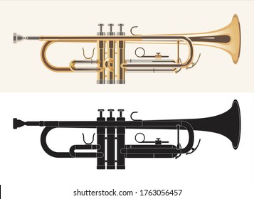 Trumpet isolated on white. Colored and black & white versions. High quality details. Vector illustration.