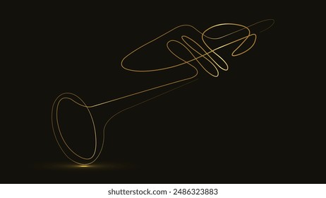 Trumpet. Line Art. Glowing gold line. Musical instrument trumpet icon. Isolated on black background. Vector illustration. Simplicity design. Music concept. Continuous one line drawing. logo design. 