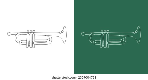 Trumpet line drawing cartoon style. Brass instrument trumpet clipart drawing in linear style isolated on white and chalkboard background. Musical wind instrument clipart concept, vector design