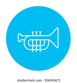 Trumpet line icon for web, mobile and infographics. Vector white icon on the light blue circle isolated on white background.