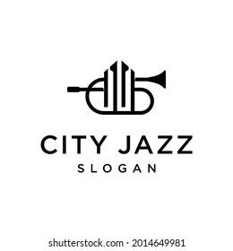 Trumpet logo design with building,city,town inspiration