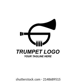 Trumpet logo design, generate melody, musical instrument vector sketch illustration