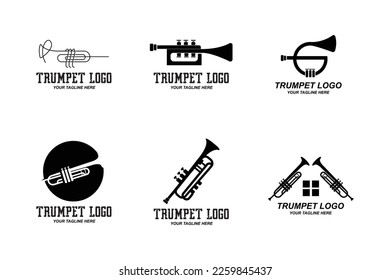 Diseño del logotipo de la trompeta, generar melodía, ilustración del boceto vectorial de instrumentos musicales