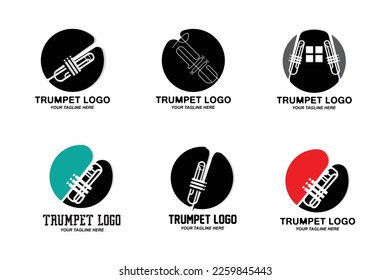 Trumpet logo design, generate melody, musical instrument vector sketch illustration