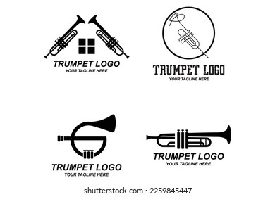 Diseño del logotipo de la trompeta, generar melodía, ilustración del boceto vectorial de instrumentos musicales