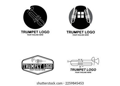 Trumpet logo design, generate melody, musical instrument vector sketch illustration