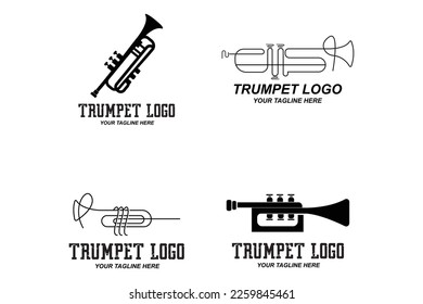 Diseño del logotipo de la trompeta, generar melodía, ilustración del boceto vectorial de instrumentos musicales