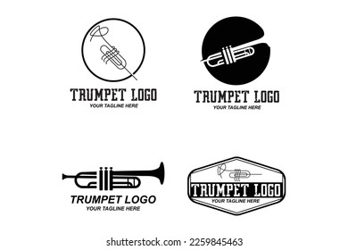 Diseño del logotipo de la trompeta, generar melodía, ilustración del boceto vectorial de instrumentos musicales