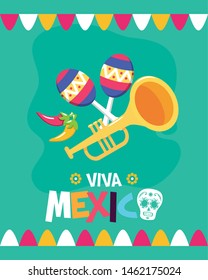 trumpet and maracas celebration viva mexico vector illustration