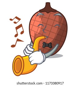With trumpet mascot cartoon of moriche palm fruits