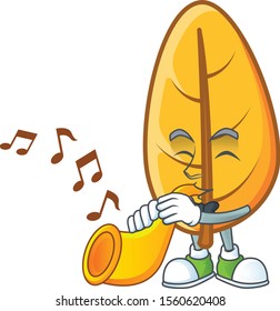 With trumpet mascot on cartoon yellow autumn leaves
