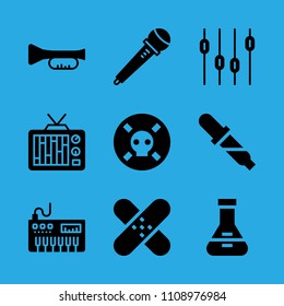 trumpet, microphone, pipette, levels, patch, poison, flask, television and piano vector icon. Simple icons set