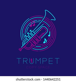 Trumpet, music note with line staff circle shape logo icon outline stroke set dash line design illustration isolated on dark blue background with saxophone text and copy space