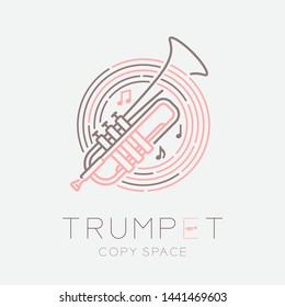 Trumpet, music note with line staff circle shape logo icon outline stroke set dash line design illustration isolated on grey background with saxophone text and copy space