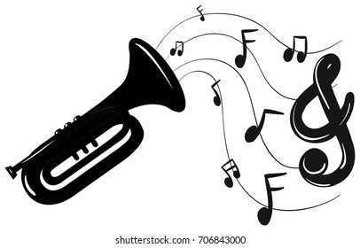 Trumpet and music notes in background illustration