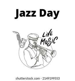 trumpet music player silhouette graphic vector illustration, text. top view, perfect for backdrops, music studios, music companies, and commemorating international jazz day