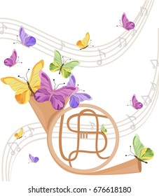 Trumpet musical instrument with butterflies background. Summer positive background