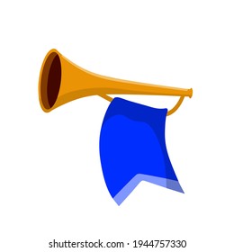 Trumpet. Musical instrument. Element of celebration and awards. Sound and melody. Flat cartoon illustration. Golden horn with flag. Solemn event