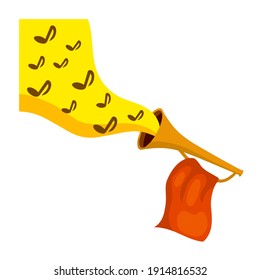 Trumpet. Musical instrument. Golden horn with flag. Solemn event. Element of celebration and awards. Sound and melody. Concept with notes
