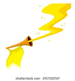 Trumpet. Musical instrument. Golden horn with flag. Solemn event. Element of celebration and awards. Sound and melody concept
