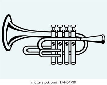 Trumpet, musical instrument. Image isolated on blue background