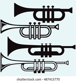 Trumpet, musical instrument. Isolated on blue background. Vector silhouettes