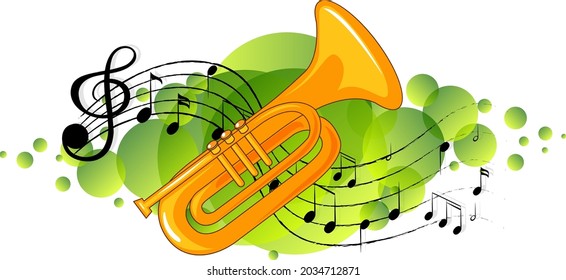 Trumpet musical instrument with melody symbols on green splotch illustration