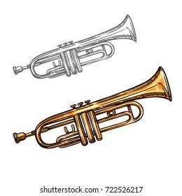 Trumpet musical instrument sketch icon. Vector isolated brass trombone, vintage cornet or retro alto horn tuba for jazz or classic music concert design and orchestra festival