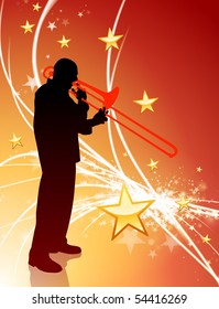 Trumpet Musician on Abstract Light Background with Stars Original Illustration