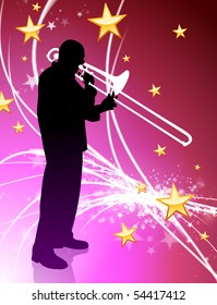 Trumpet Musician on Abstract Light Background with Stars Original Illustration